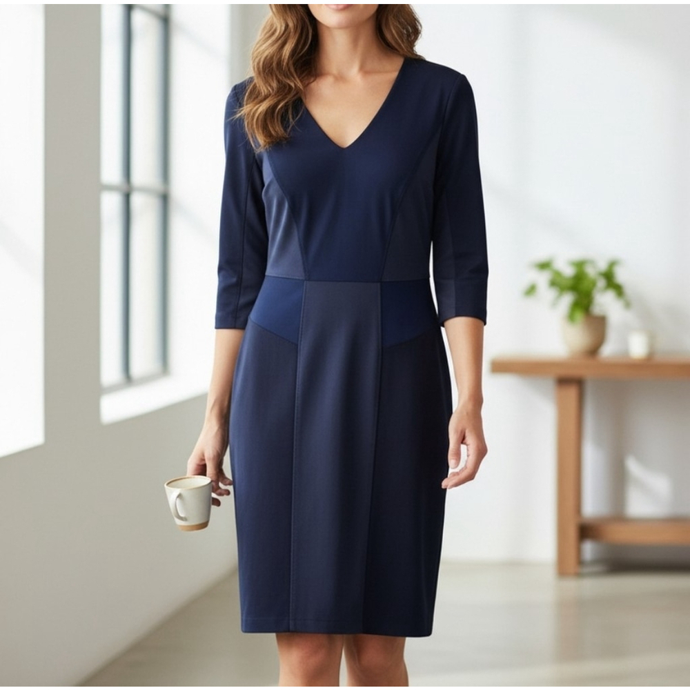 BOSS Hugo Boss Navy Wool Sheath Dress US 8 V Neck 3/4 Sleeve Career Office Midi - Picture 14 of 14